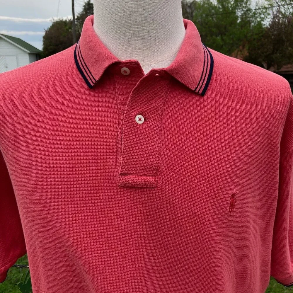Polo by Ralph Lauren Polo Shirt Coral with Navy Collar Striping Men's Size XL